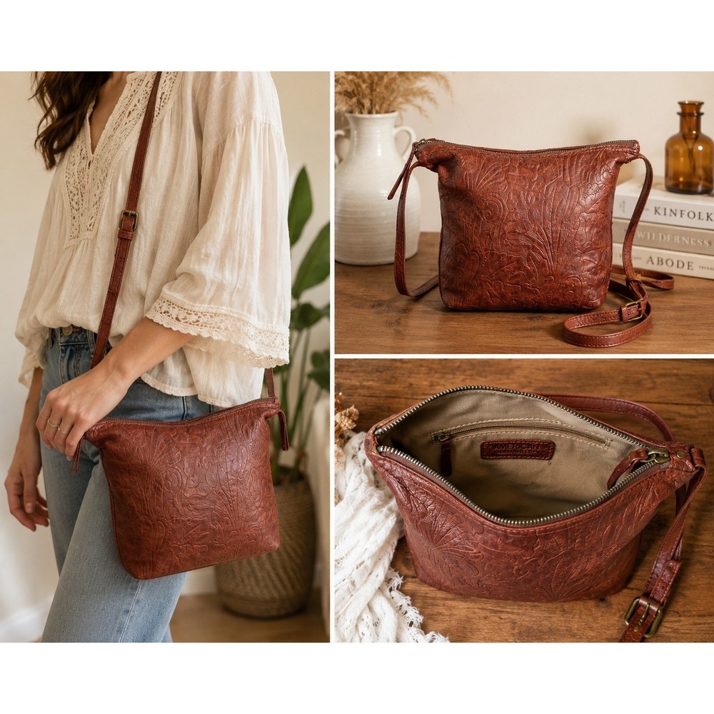 American Leather Co Embossed Floral Tooled Brown Leather Crossbody Purse Boho